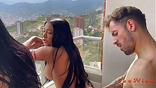 Yenifer Chacon and a delicious Venezuelan brunette girl with big tits having hardcore sex with their coach on a balcony