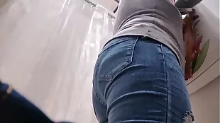 Your slutty Italian mom tries on jeans while wearing a butt plug in her ass